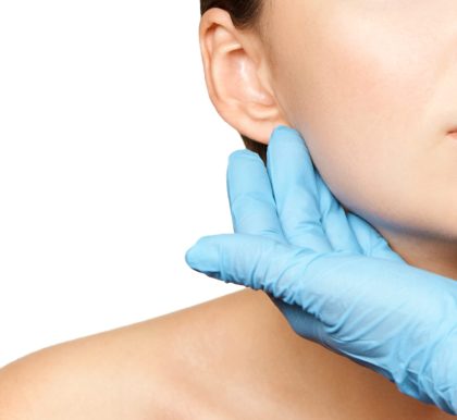Facelift hydra treats. Esthetic skin care analysis. Doctor hands in gloves. medicine facial beauty exam. Symmetry consult. Cosmetology wrinkle specialist.